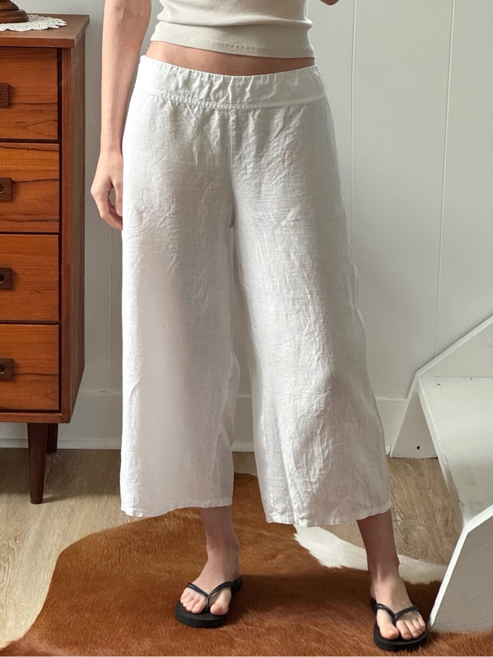 Eileen Fisher 100% Linen Wide-Leg White Culotte Pants Mid Rise